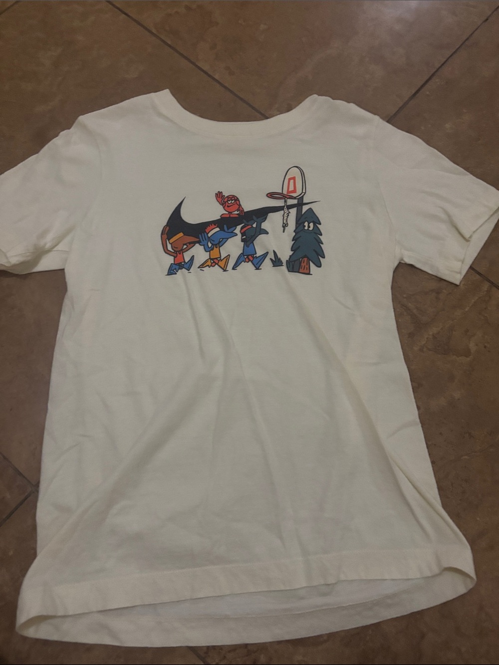 Nike Kids White Short Sleeve Tee with Cartoon Basketball Graphic